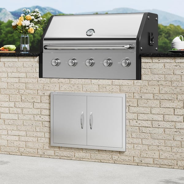 Double Outdoor Kitchen Door 30 in. W x 21 in. H BBQ Access Door Stainless Steel Flush Mount Door with Handles
