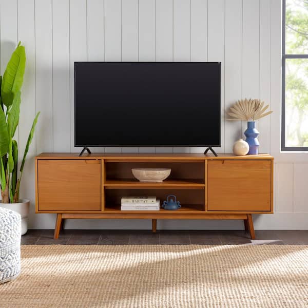 70 in. Mid-Century Modern Caramel Solid Wood TV Stand with 2 Doors (Max TV Size 80 in.)