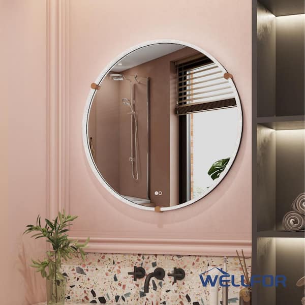 WELLFOR EDNA 32 in. W x 32 in. H Round Acrylic Framed Anti-Fog LED Wall Bathroom Vanity Mirror in Clear