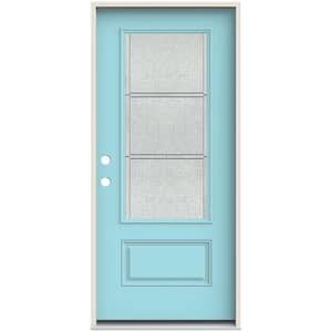 36 in. x 80 in. Right-Hand 3/4 Lite Eastfield Decorative Glass Blue Painted Fiberglass Prehung Front Door w/Brickmould