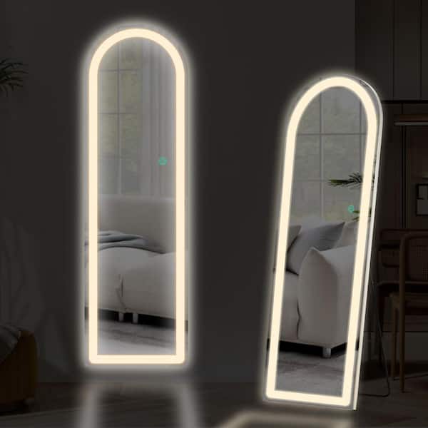 WONDER COMFORT Elegant Silver 16 in. W x 60 in. H Arched Aluminum Alloy Frame Floor Mirror with 3-Color Dimming LED Light