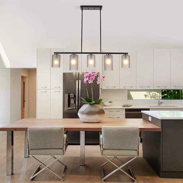 Modern 5-Light 42.5 in. Matte Black Linear Island Hanging Chandelier with Ribbed Cylinder Glass Shades for Kitchen