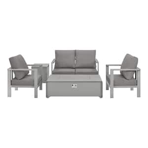 Settlers Notch Pewter 5-Piece Aluminum Outdoor Fire Pit Conversation Set with CushionGuard Plus Charcoal Cushions
