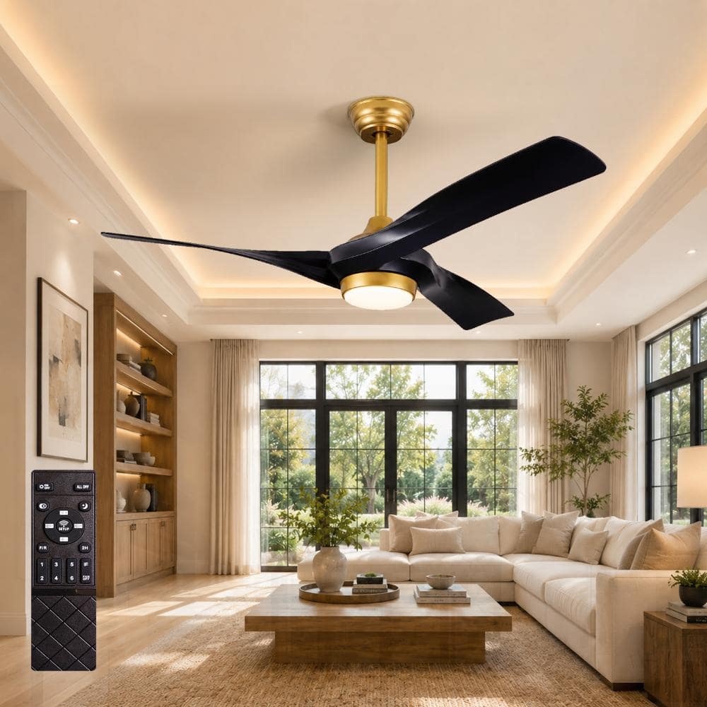 52 in. Downrod Mounted Gold Housing Black 3 Curved Blades Ceiling Fan with Dimmable LED Light and Remote for Living Room price history on PriceWatchPro