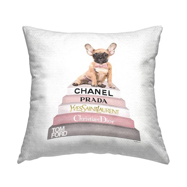 Stupell Industries Trendy Dog Atop Glam Brand Bookstack Pink Square Outdoor Throw Pillow