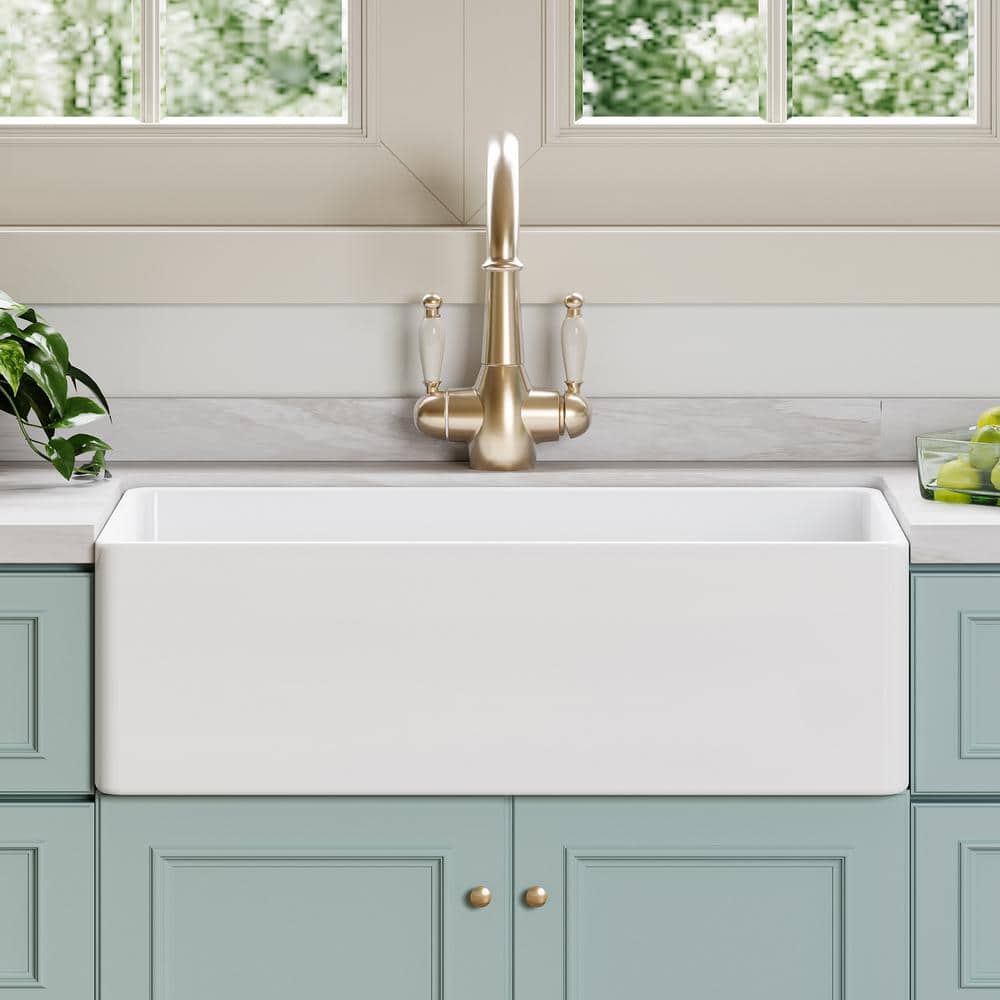 White Fireclay 33" Farmhouse Apron Front Single Bowl Kitchen Sink