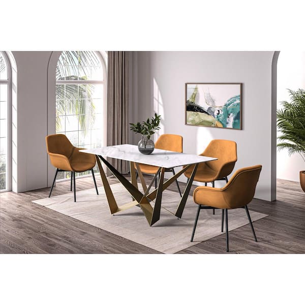 Leisuremod Nuvor Modern Dining Table with a 62 in. Sintered Stone Rectangular Top and Gold Steel Pedestal Base, White Seats 8