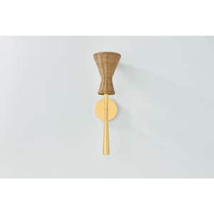 Honey 5.5 in. 1 Light Aged Brass Finish Wall Sconce with Vintage Natural Wicker Shade