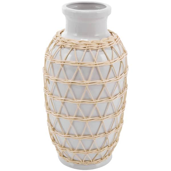 Litton Lane White Ceramic Decorative Vase with Woven Rattan Exterior