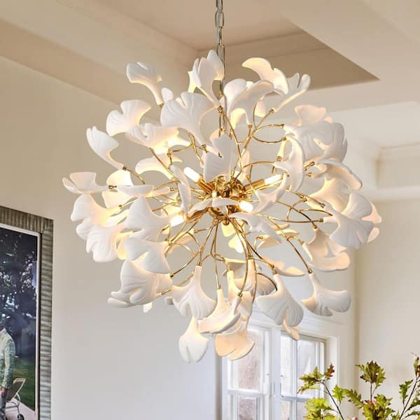 23.6 in. 6-Light Gold Sputnik Chandelier Luxury Round Ceramic Ginkgo Leaf Chandelier for Living Room Dining Room Bedroom