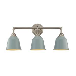 Mulhouse 9 in. 3-Lights Vanity Light in Satin Nickel with Light Blue Metal Shades Wall Sconces