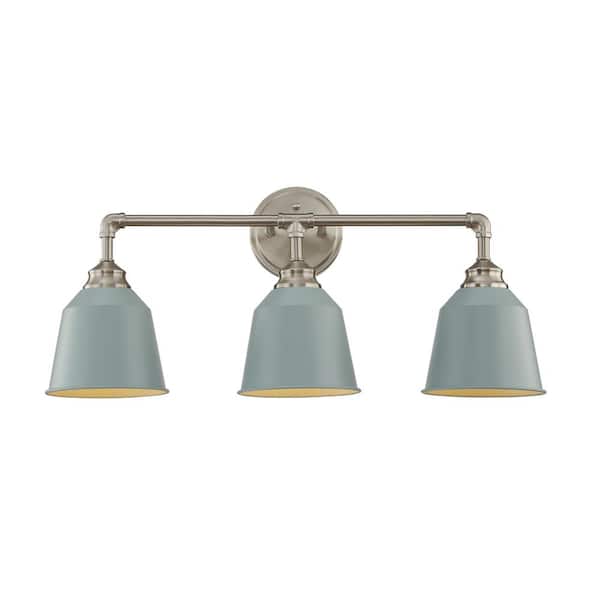Unbranded Mulhouse 9 in. 3-Lights Vanity Light in Satin Nickel with Light Blue Metal Shades Wall Sconces