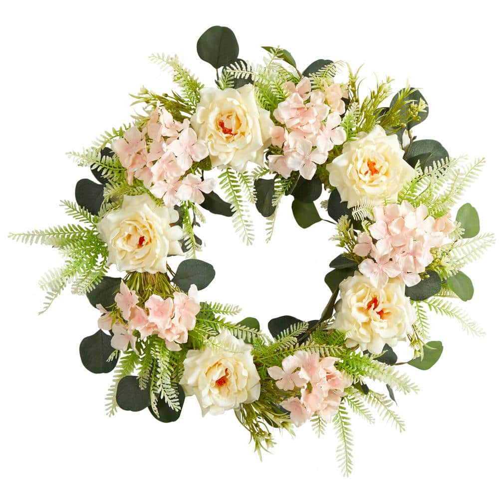 Nearly Natural 22in. Rose and Hydrangea Artificial Wreath W1155 - The ...