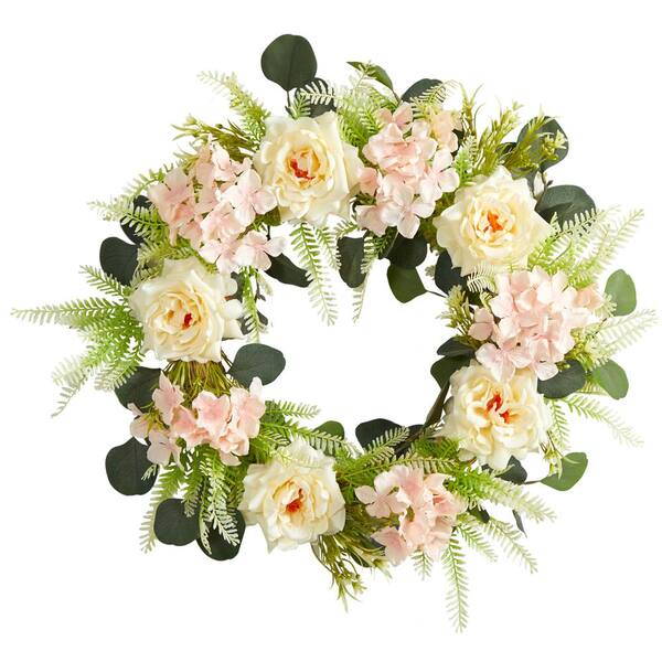 Nearly Natural 22in. Rose and Hydrangea Artificial Wreath W1155 - The ...