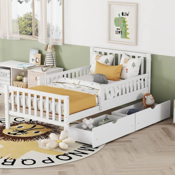Harper & Bright Designs White Wood Twin Size Kids Platform Bed with 2-Drawers