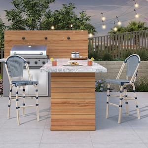 French Stackable Wicker Outdoor Bar Stools Bar Height in Dark Blue (2-Pack)