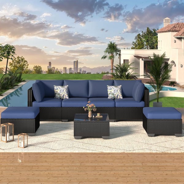 Black 7-Piece Patio Rattan Wicker Sofa Set Outdoor Sectional Conversation Furniture Chair Set with Navy Cushion