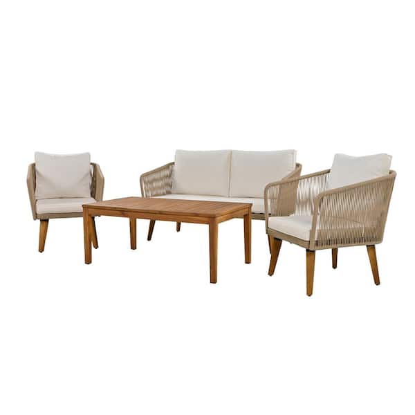 Unbranded 4-Piece Outdoor Wicker Patio Conversation Set with Beige Cushions, Patio Sectional Sofa Set with Coffee Table