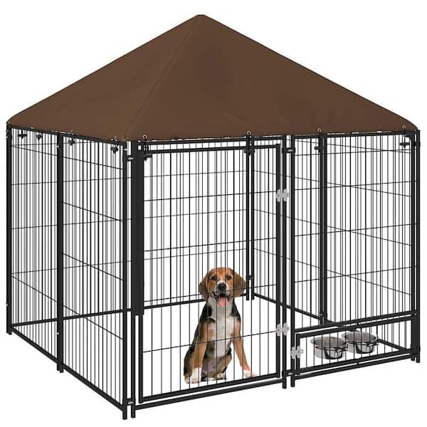 .N/A 59.5 in. H Metal Garden Fence Outdoor Dog Kennel with Canopy and Rotating Bowl