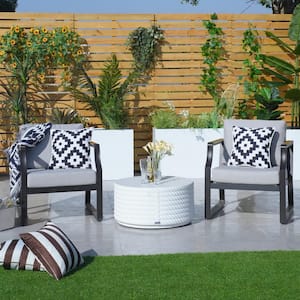 Tiger 3-Piece Metal Round Outdoor Bistro Set with White Concrete Coffee Table, Grey Cushions