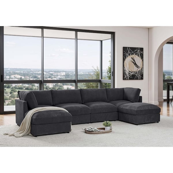 Ethan Modern 129 in. Tapered Arms 6-Piece Corduroy Reversible Modular Sectional Sofa in Dark Gray with 2-Ottomans