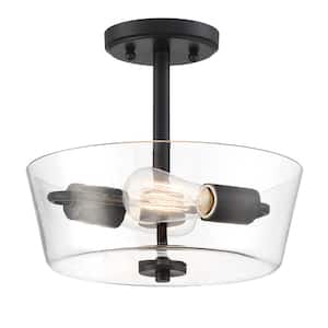 Westin 12 in. 2-Light Matte Black Modern Industrial Ceiling Light Semi Flush Mount with Clear Glass Shade