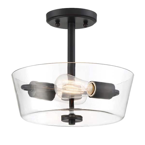 Designers Fountain Westin 12 in. 2-Light Matte Black Modern Industrial Ceiling Light Semi Flush Mount with Clear Glass Shade