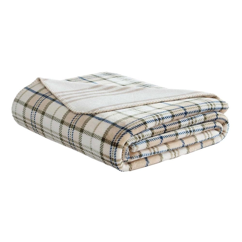 Beige and Green Plaid Fleece Reversible Throw Blanket