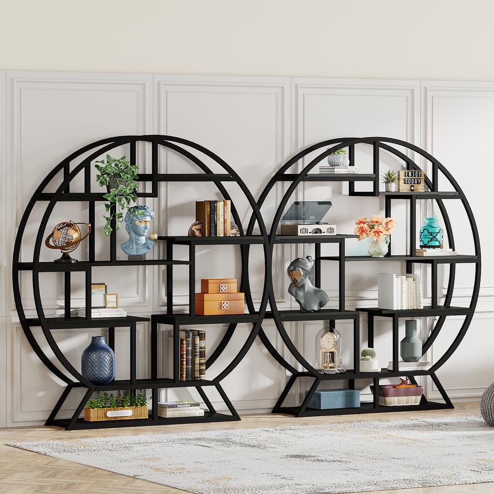 Industrial Black Round Wood Bookshelf with Staggered Shelves