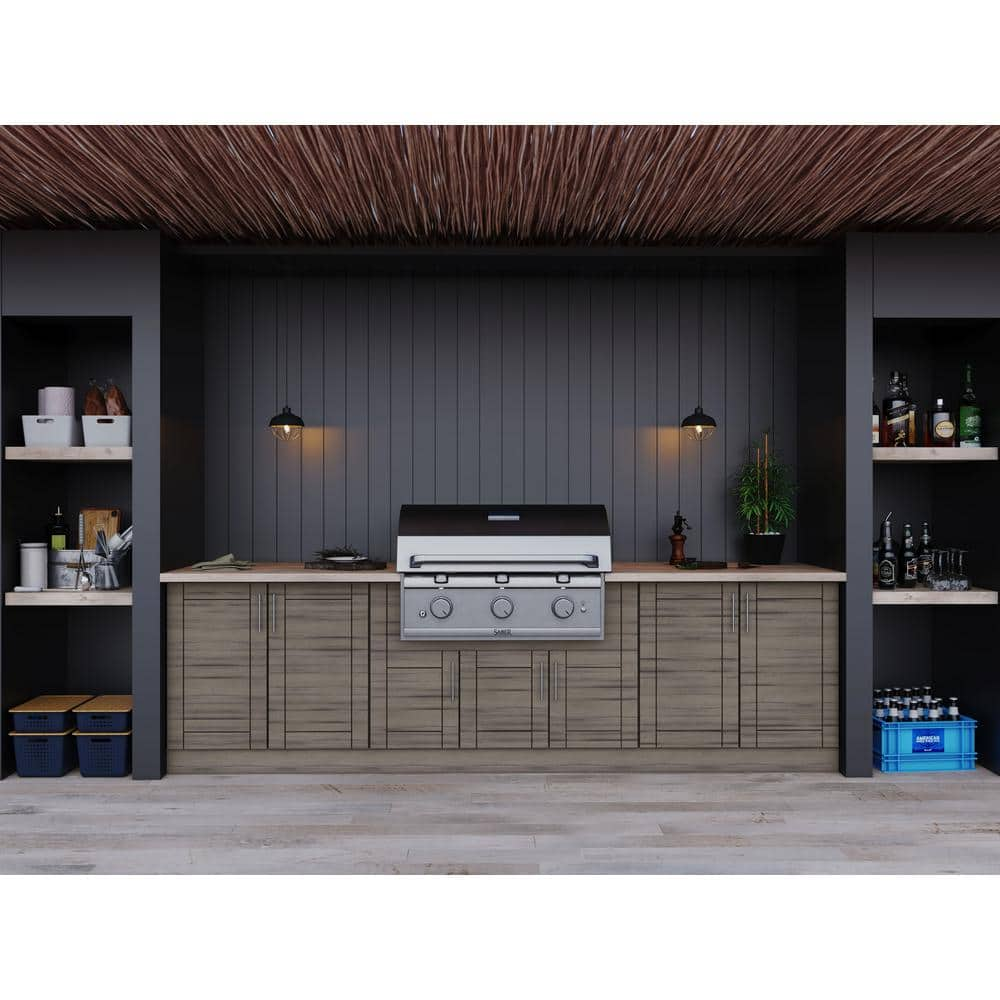 Weatherstrong Sanibel Weatherwood 17 Piece 121 25 In X 34 5 In X 28 In Outdoor Kitchen Cabinet Set Wse120wm Swd The Home Depot