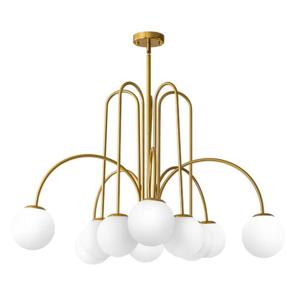 RRTYO Erik 10-Light Gold Unique Modern Elbow Chandelier with Milky ...