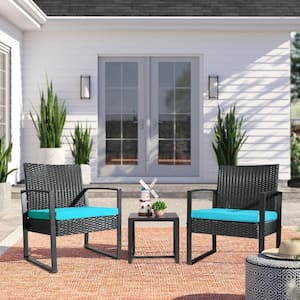 Black 3-Piece Patio Sets Steel Outdoor Wicker Patio Furniture Sets Outdoor Bistro Set with Blue Cushion