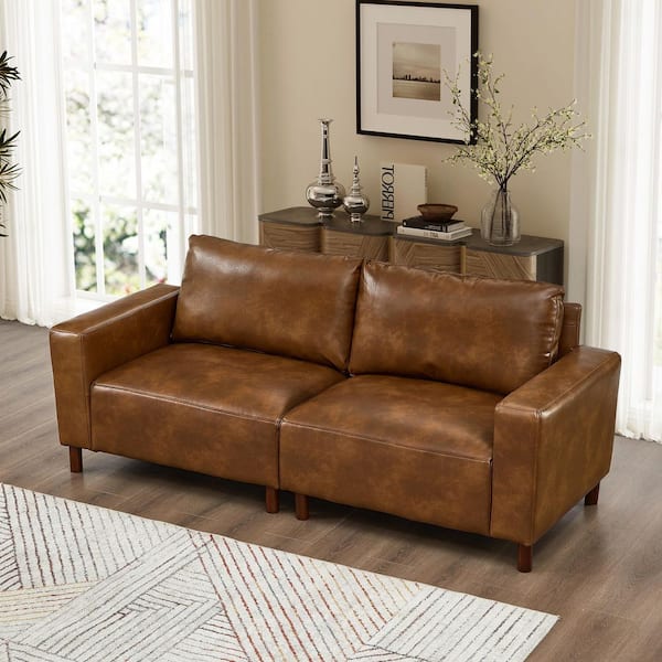 Drevin Modern 78.5 in. Brown Square Arms PU Faux Leather Upholstered Rectangle 2-Seater Sofa Loveseat