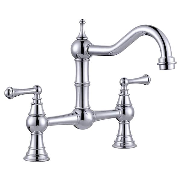 IVIGA Brass 8 in. Double Handle Bridge Kitchen Faucet with 2-Aerators, Brass Valve and Supply Lines in Polished Chrome