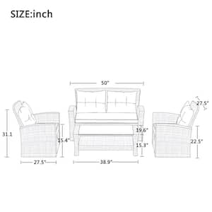 4-Piece Wicker Outdoor All Weather Conversation Sofa Sectional Set  with Ottoman and Beige Cushions