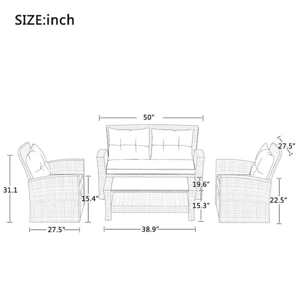 4-Piece Wicker Outdoor All Weather Conversation Sofa Sectional Set with Ottoman and Beige Cushions