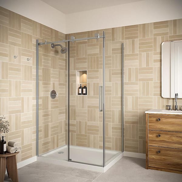 Po 48'' x 76'' Semi-Frameless Sliding Shower Door with CrystalTech Treated 5/16'' Glass, Polished Chrome Hardware