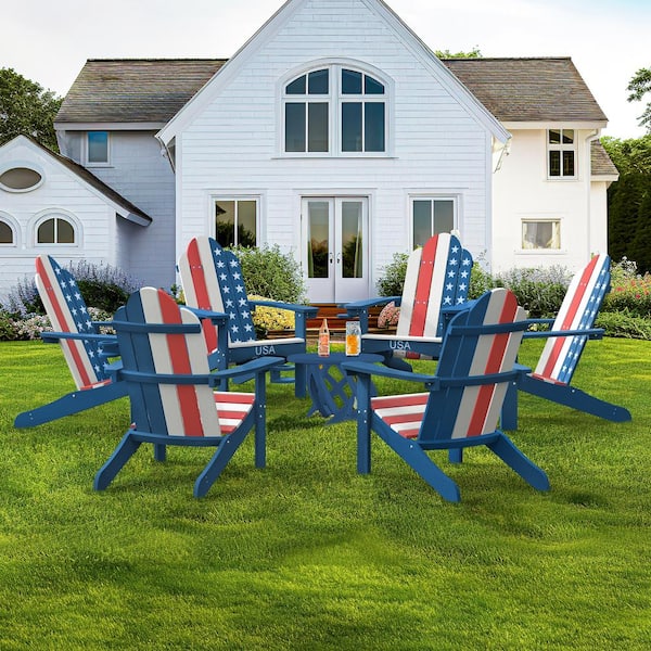 LUE BONA Hampton Curveback Stars and Stripes Plastic Outdoor Patio Adirondack Chair with Cup Holder Fire Pit Chair (Set of 8)