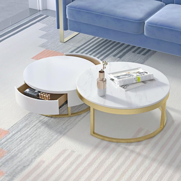 Magic Home 51 9 In Marble And White, Round White Side Table With Storage