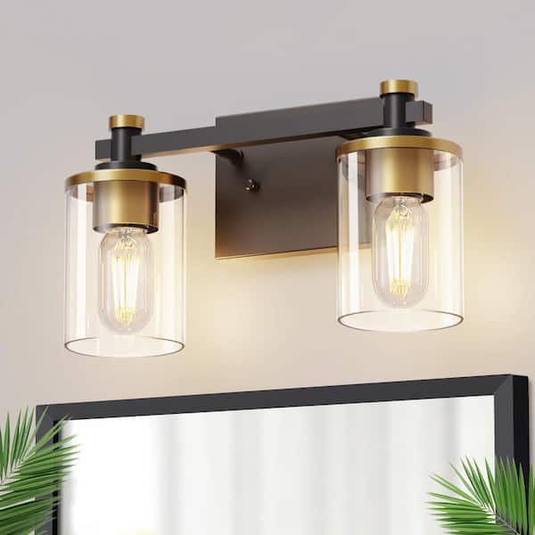 YANSUN 14 in. 2-Light Black and Gold Vanity Light with Clear Glass Shades Wall Sconce for Bathroom, Vanity, and Bedroom