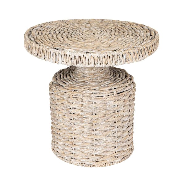 18.11 in. Whitewashed Round Water Hyacinth Wicker End Table
