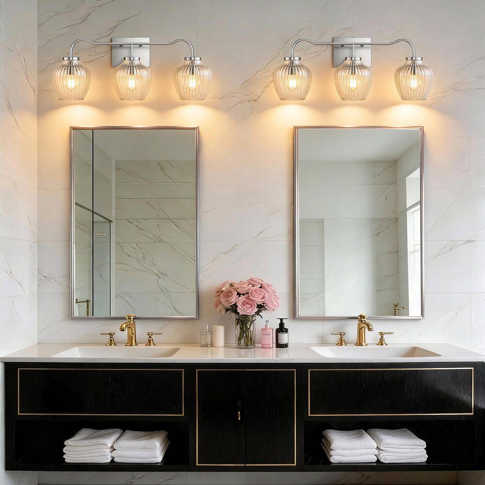 24 in. 3-Light Chrome Modern Dimmable Indoor Hardwired Bathroom Vanity Light with Clear Glass Shade price history on PriceWatchPro