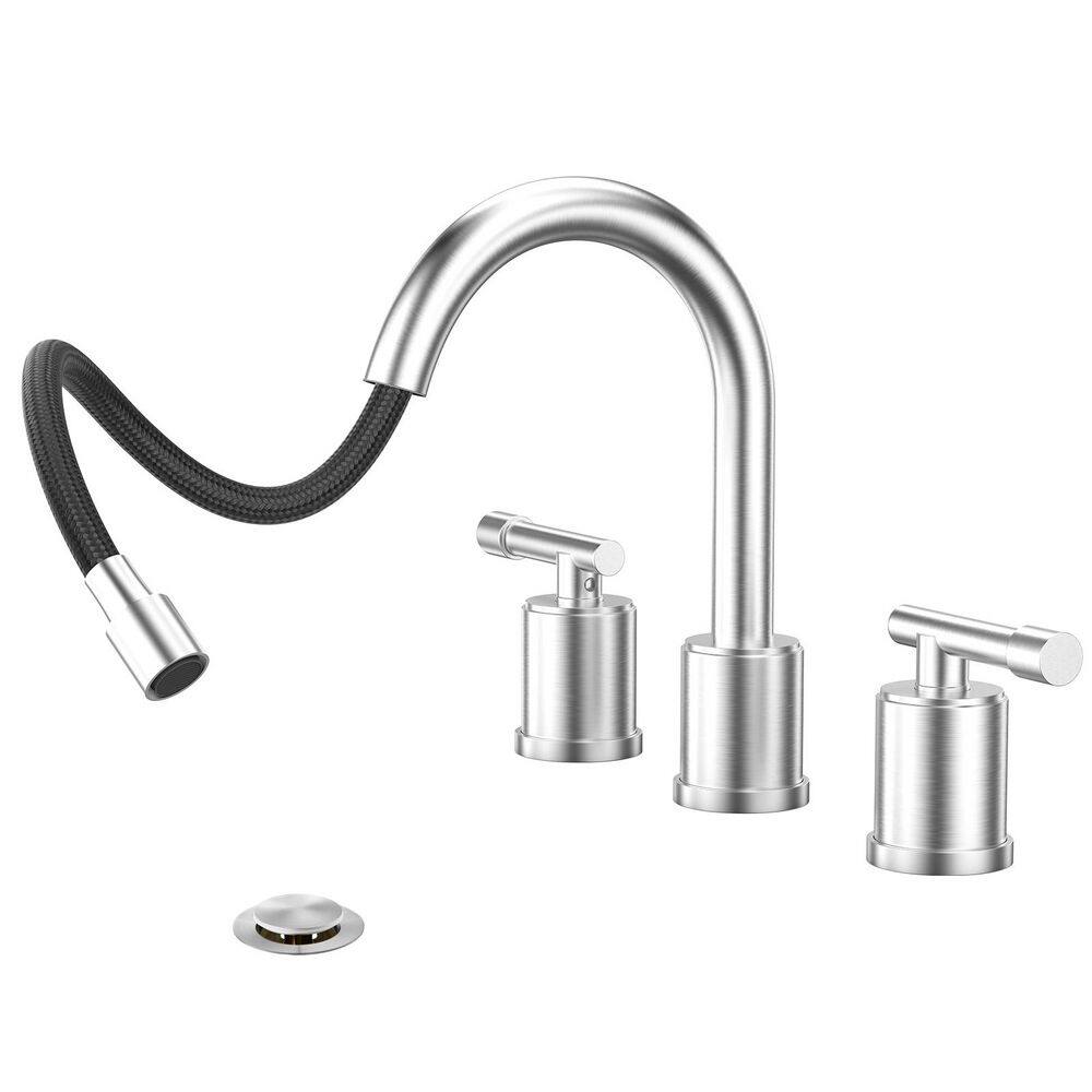 Pull Out Brushed Nickel Bathroom Sink Faucet 8 inch-3 Hole Pull-Down Sprayer Bathroom Faucet, Metal Pop-Up Drain price history on PriceWatchPro