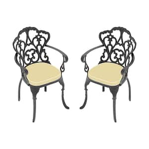 Black Cast Aluminum Patio Outdoor Dining Chairs with Random Color Seat Cushions (Set of 2)
