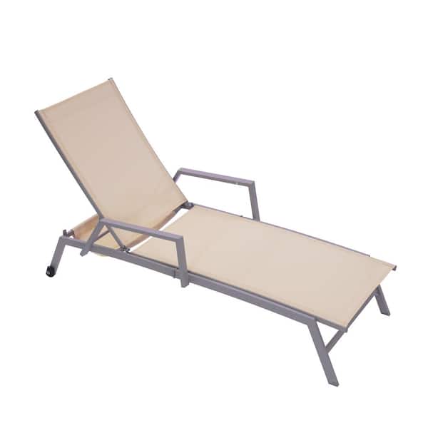 Unbranded Patio Aluminum Outdoor Lounge Chair with Armrests and Wheels in Beige Textilene and Gray Frame
