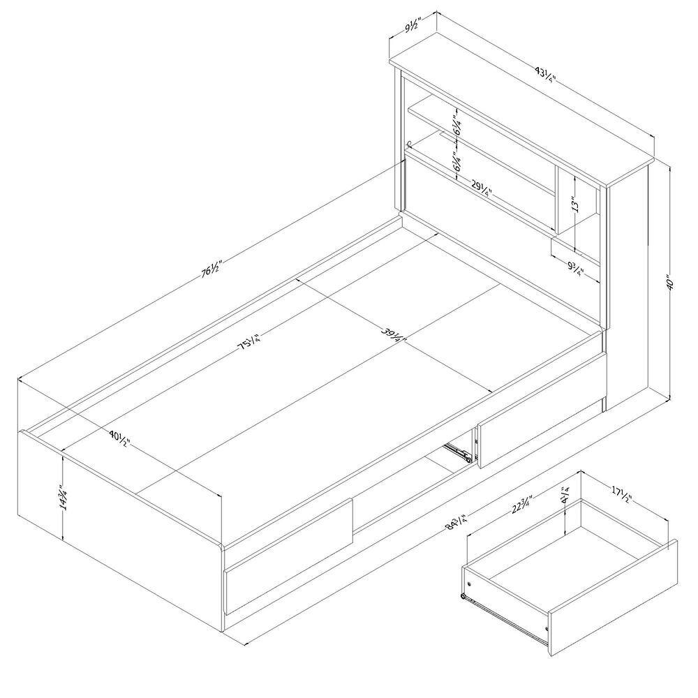 Black Twin Wood Platform Bed with Storage and Bookcase Headboard