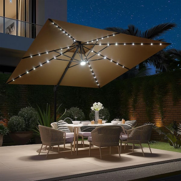 11 ft. x 11 ft. LED Square Swivel Double Top Cantilever Tilt Patio Umbrella in Tan