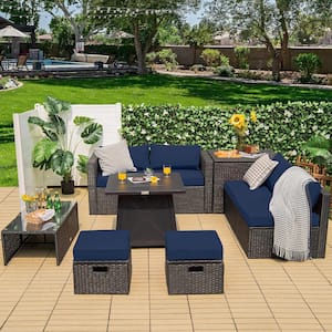 9-Piece Wicker Furniture Patio Conversation Set Fire Pit SpaceSaving with Cover Navy Cushion Cover