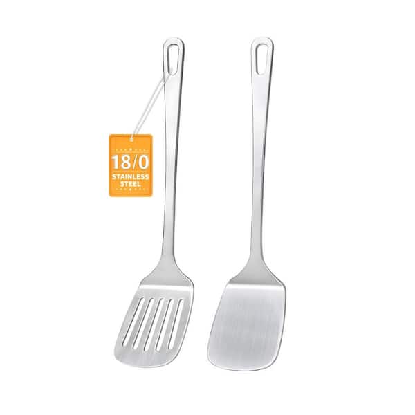 Silver Stainless Steel Solid and Slotted Turner Spatulas Set Heavy Duty Cooking Utensils High Heat Resistant Easy Clean