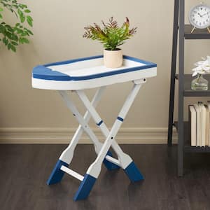 28 in. White Distressed Foldable Tray Top Boat Large Oval Wood End Table with Oar Legs and Blue Accents